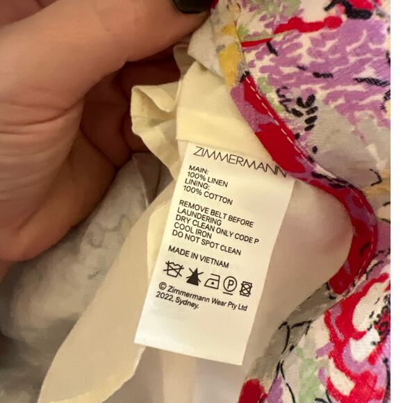 Zimmermann Clover Belted Linen Floral Fit & Flare Puff Sleeve Dress Size 1 US 4 - Picture 7 of 7